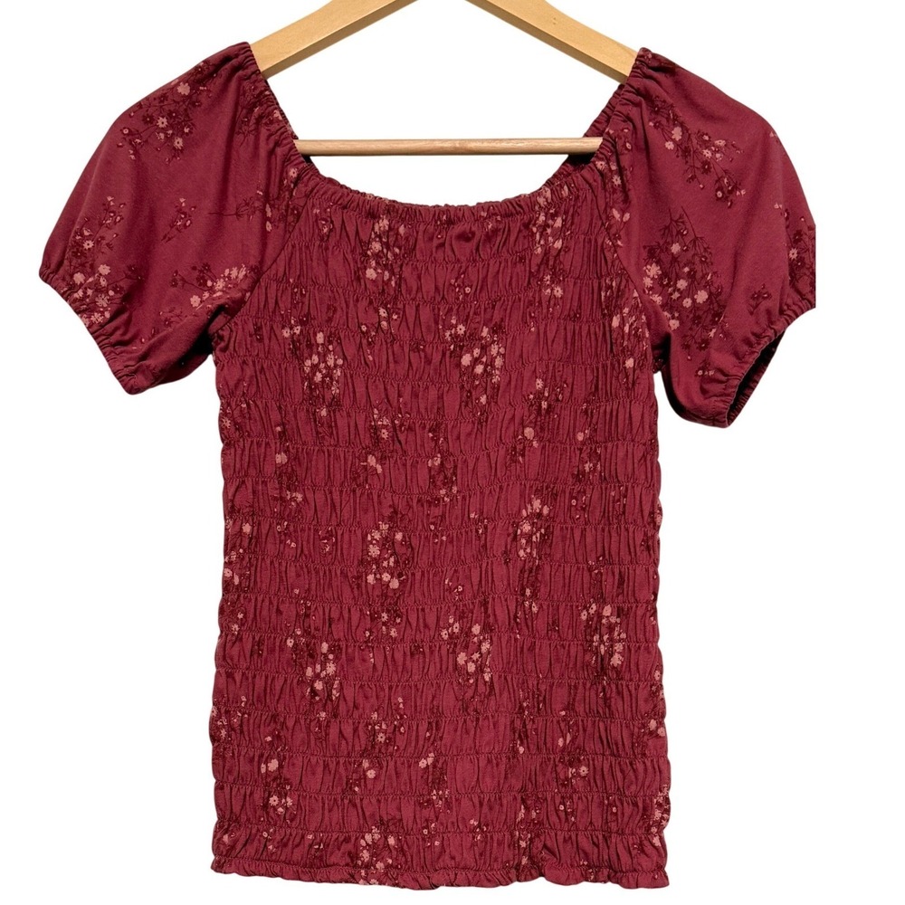 Thereabouts Smocked Top Girls L 14 Burgundy Floral Short Sleeve Boho Cottagecore